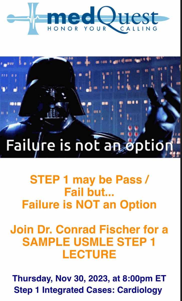 STEP 1 may be Pass / Fail but...Failure is NOT an Option

Join Dr. Conrad Fischer for a SAMPLE USMLE STEP 1 LECTURE

Thursday, Nov 30, 2023, at 8:00pm ET Step 1 Integrated Cases: Cardiology

medque.st/Step1Cardio