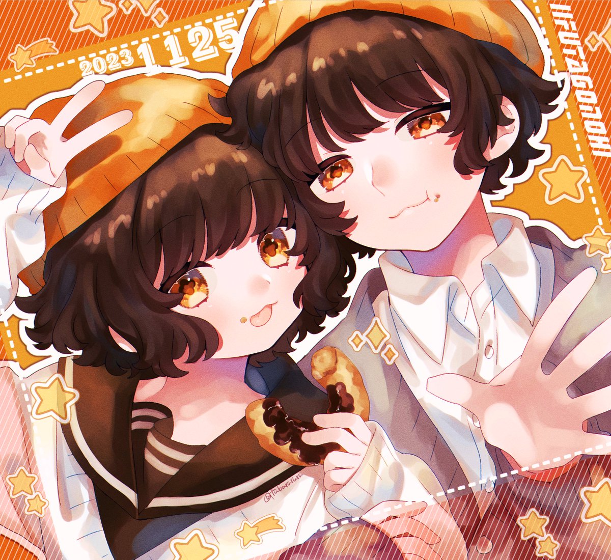 1girl 1boy food short hair siblings hat brown hair  illustration images