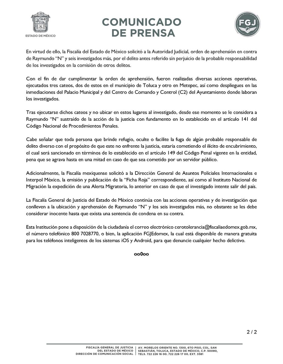 FiscaliaEdomex's tweet photo. #Informe. La #FiscalíaEdoméx obtuvo orden de aprehensión en contra de Raymundo "N" y 6 investigados más por su presunta intervención en el hecho delictivo de secuestro exprés. A estos individuos se les considera sustraídos de la acción de la justicia. https://t.co/uj0qtaqhjA https://t.co/9MP5MvpkoA