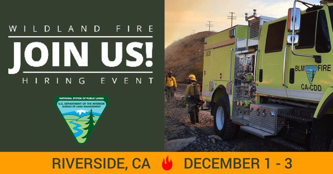 Mark your calendars 📅 to attend the @BLMca hiring event next weekend in Riverside, CA! #Wildlandfirefighter professional will be onsite to help answer your questions. To learn more about the BLM California Fire program visit - blm.gov/california-fir….