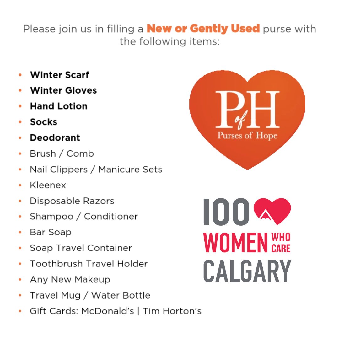 REMINDER: Donations of new or gently used large purses will be accepted Tuesday night at our 10th Anniversary Celebration! 

Essential items to fill the purses are gratefully appreciated too!

pursesofhope.ca 💯❤️ 100womencalgary.com