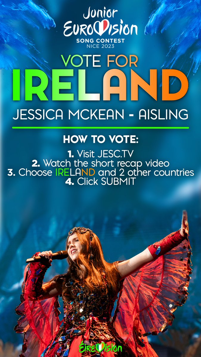 Vote for Ireland! 🇮🇪🗳️☘️ Visit JESC.TV to submit your votes 🌟 Caith vóta do Jessica McKean 🎵 Is féidir vóta a chaitheamh ANOIS trí JESC.tv! ☘️ #JuniorEurovision #JESC2023