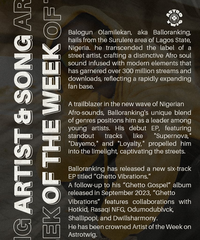 Astrotwig's tweet photo. Balloranking is Astrotwig Artist of the Week!

Despite his growing fame, Balloranking stays true to his ghetto roots, connecting with the streets through uplifting melodic tunes. 

Explore @Ballorankiing's “Ghetto Vibrations” new EP now! 💜✨

#StayAstro 🚀 #StayAbove 🛸 https://t.co/rogaozxwjg