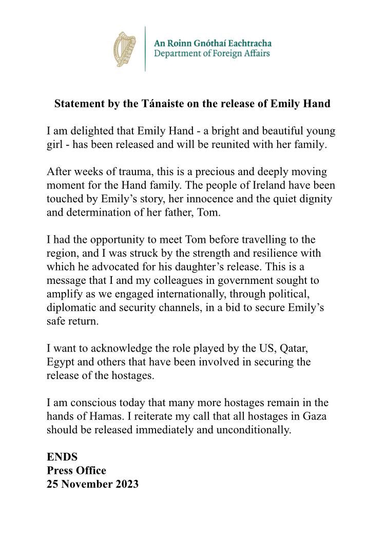 MichealMartinTD's tweet image. My statement on the release on Emily Hand.