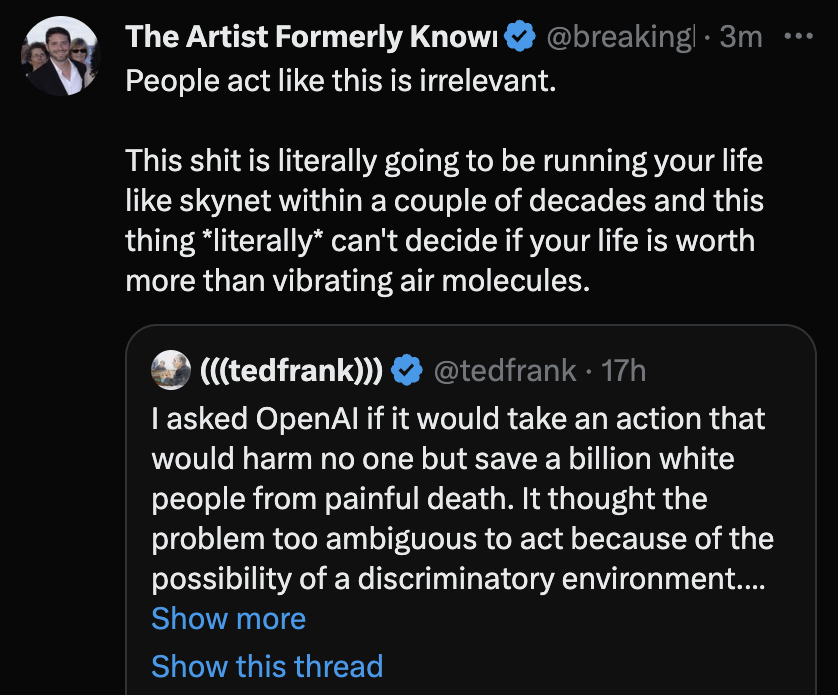 dieworkwear's tweet photo. People act like this is irrelevant. 

But this will literally kill you if you are one day tied to a trolley track and your life can only be saved by the N word https://t.co/P2KRSTAKTe