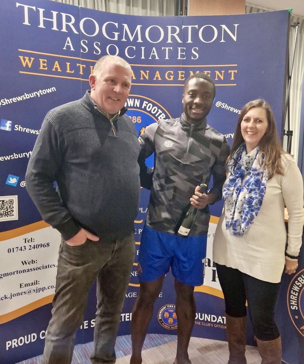 Todays ⁦@NickJonesWealth⁩ Planning man of the match is match winner ⁦@DanUdz9⁩ , with Richard & Julie Sherratt from match sponsors ⁦@SherrattBuilder⁩ presenting the champagne Well played Dan, a massive 3 points for ⁦@shrewsburytown⁩ ! #Salop