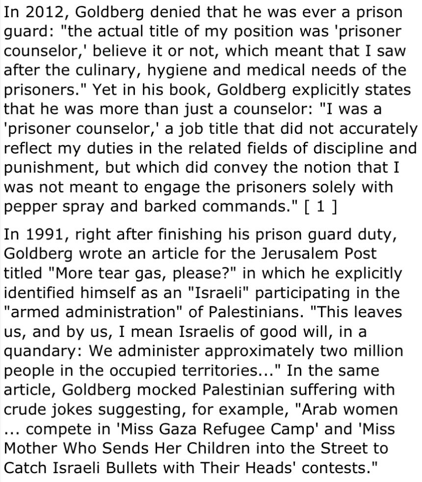 babadookspinoza's tweet image. Reminder that the Atlantic’s Editor in Chief Jeffrey Goldberg left college to volunteer for the IOF working as a prison guard during the First Intifada, assisting with the torture of Palestinian prisoners, a time he recalls as “exciting” and “exotic.”