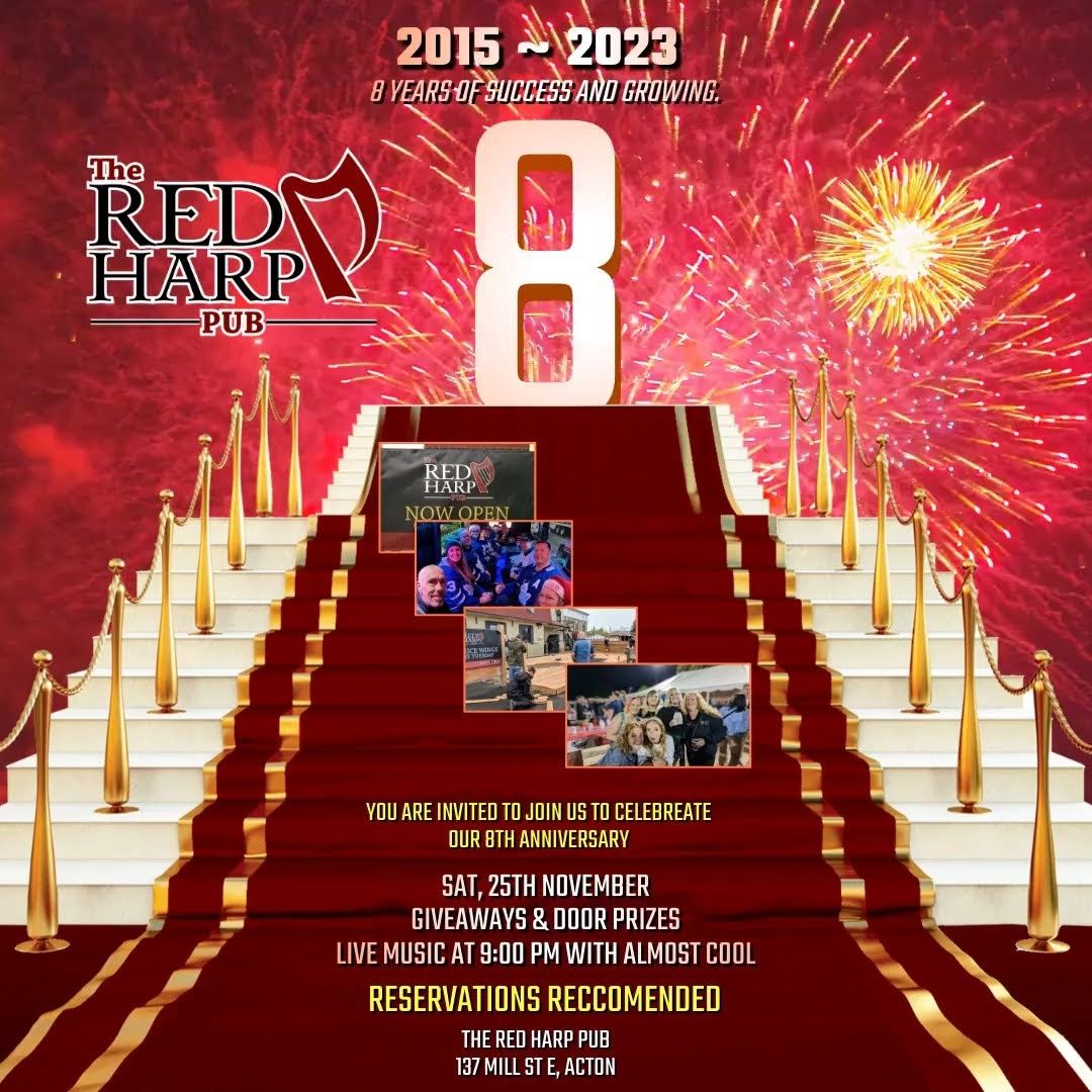 🎉 Cheers to 8 Years at Red Harp Pub! 🍻 Join us in celebrating our anniversary today! 🎊 Enjoy live music, delicious bites, and a festive atmosphere. Your favorite local spot since 2015 – here's to many more memories! 🥳

#RedHarpAnniversary #LocalFavorite #CheersTo8Years