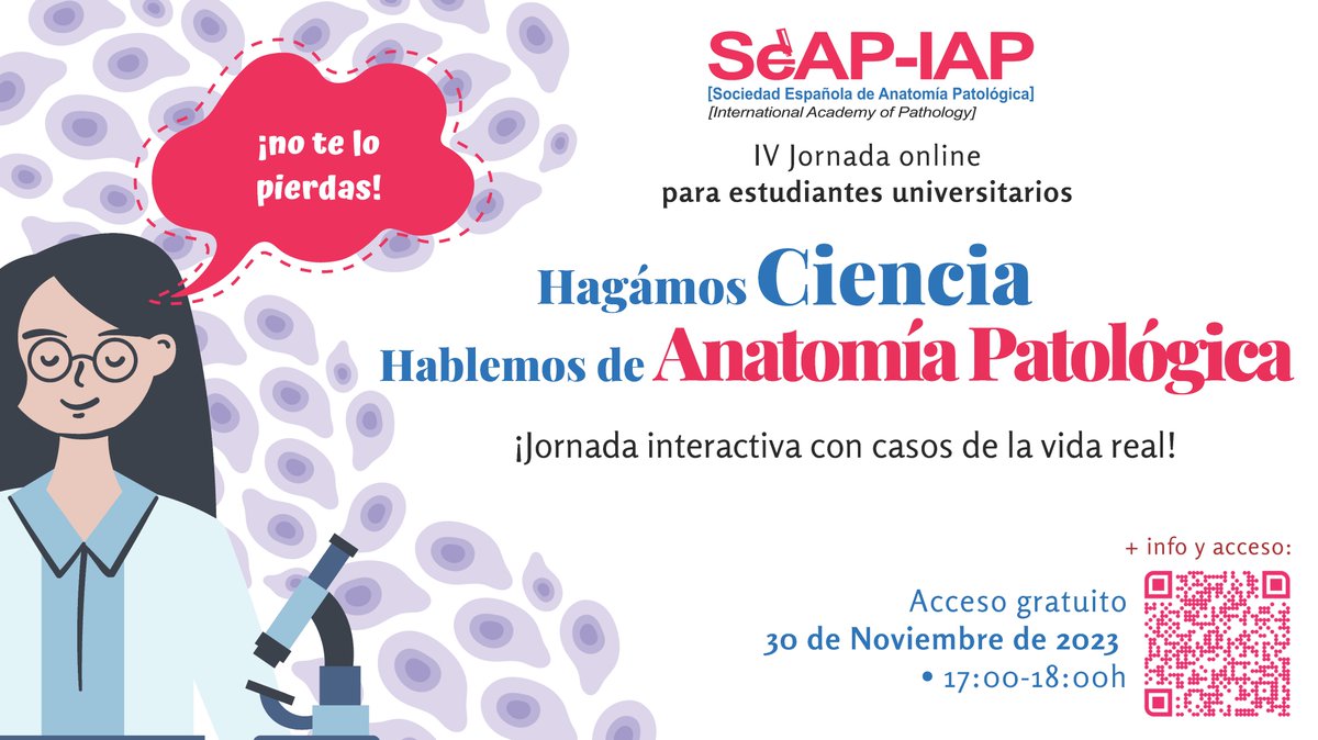 SEAP_IAP's tweet image. ¡Atención! El día 30 de noviembre tienes la oportunidad de conocer la #AnatomíaPatológica de cerca de la mano de patólogos y estudiantes de medicina como tú. ¡Con casos de la vida real!
¡Apúntate! Te esperamos
ℹ️seap.es/web/guest/avis…