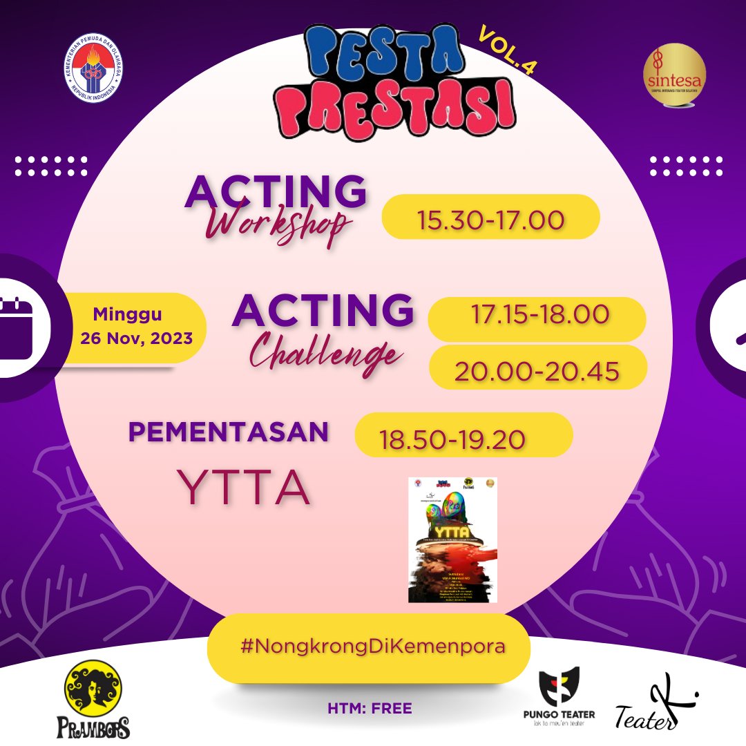 Hari Minggu, 26 November 2023

Yuk kita sama-sama #NongkrongDiKemenpora 

Akan ada Acting Workshop, Acting Challenge, dan pementasan singkat dari <a href="/teater_k_/">Teater K.</a>