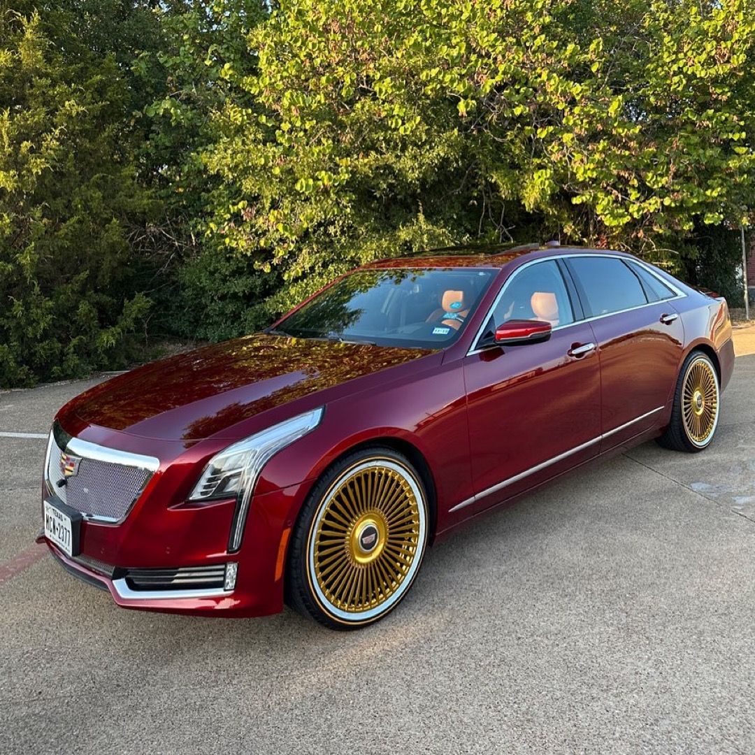 voguetyres's tweet photo. Cadillac on gold wheels and white/gold Vogue tyres 🤩 @specialeditionss #candyred #cadillac #gold #spokesandvogues #specialeditions #dallastx https://t.co/9lDWgmHmlJ