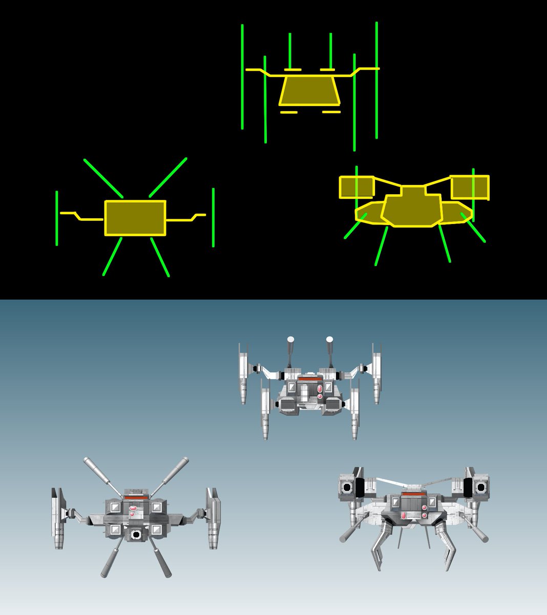 The importance of silhouette for easy readability and recognition. Drone variants for my fun project <a href="/AlphaTerminus/">Alpha Terminus PC Game - WISHLIST on Steam</a> 
New update coming soon!

#gamedev #game #spaceship #drone #scifi #silhouette #vr #3dart #3dmodeling