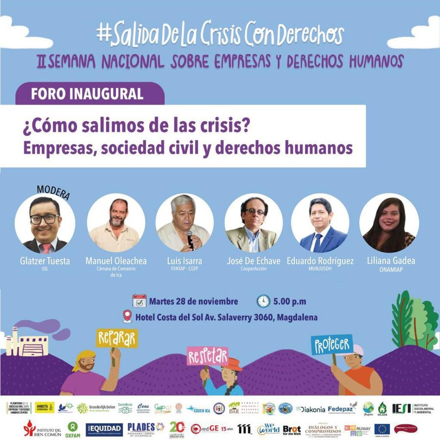 FedepazPeru's tweet photo. ¡Participa en el 🏢 Foro Inaugural: ¿Cómo salimos de las crisis? Empresas, sociedad civil y derechos humanos! 
⏰ Hora: 5pm 
📍 Lugar: Hotel Costa del Sol (Av. Salaverry 3060, Magdalena)  
¡Ingreso libre previa inscripción! 👇https://t.co/MPEj0qwFfZ 🔗 https://t.co/2U7S9Mv13I
