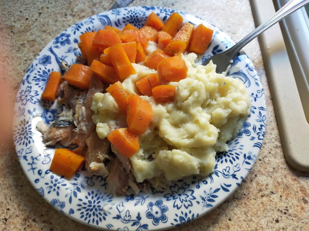 @4AdsthePoet Evening meal..homemade mashed potatoes with milk & butter....carrots cooked with tarragon finished with butter & dill with trout....a tasty alternative to salmon fillets..back in again at Aldi & on offer....xxxx😋 I only use a small plate so fish looks hidden by vegetables😋🥕🥔