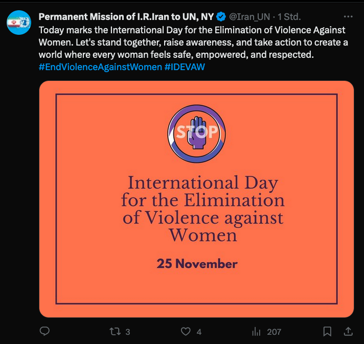 This post by Iran's UN Mission sounds like a very bad joke #EndViolenceAgainstWomen #IDEVAW #EndViolenceAgainstWomenAndGirls