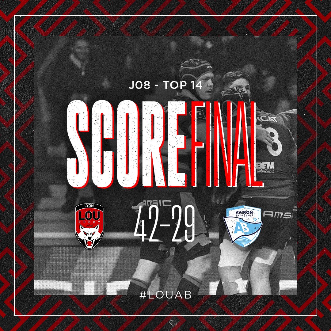LeLOURugby's tweet photo. 𝗩𝗶𝗰𝘁𝗼𝗶𝗿𝗲 𝗽𝗼𝘂𝗿 𝗹𝗲 𝗟𝗢𝗨 𝗥𝘂𝗴𝗯𝘆 ! 🔥🔥
Les Rouge et Noir s'imposent finalement 42-29 face à l'Aviron Bayonnais. 

#LaForceduLOU
#LaMeute https://t.co/xoAmpjdESG