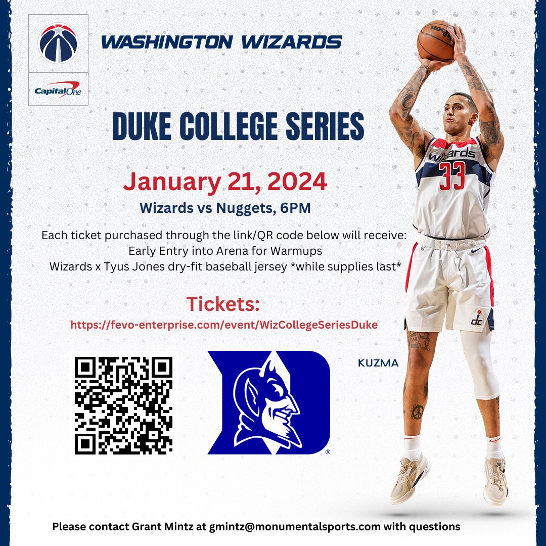 DukeDCTweets's tweet photo. We are headed to Capital One Arena on January 21st to watch Tyus Jones and the Wizards take on the defending champion Denver Nuggets! Click the QR code to get your tickets with #DukeDC and get a couple of freebies included!

Tickets will go fast, so get yours while supplies last! https://t.co/9hoCgethP4