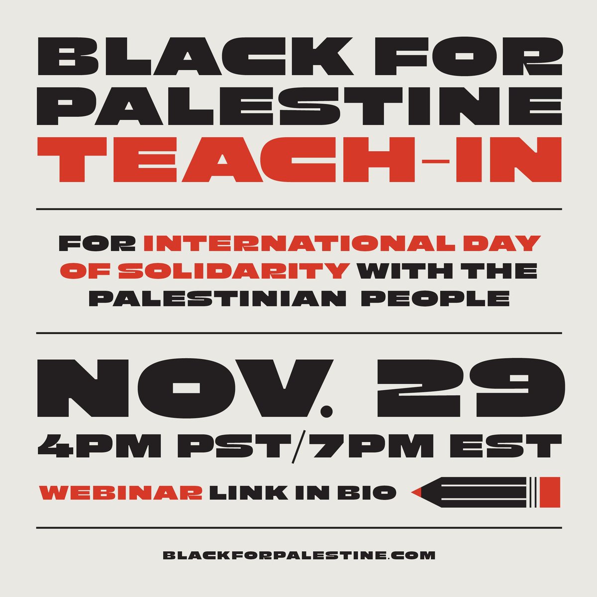 BLACK FOR PALESTINE TEACH-IN: our first webinar in honor of International Day of Solidarity with the Palestinian People wednesday nov. 29 at 4pm PT/7pm ET 🖤❤️💚🤍 registration link: bit.ly/b4psolidarity