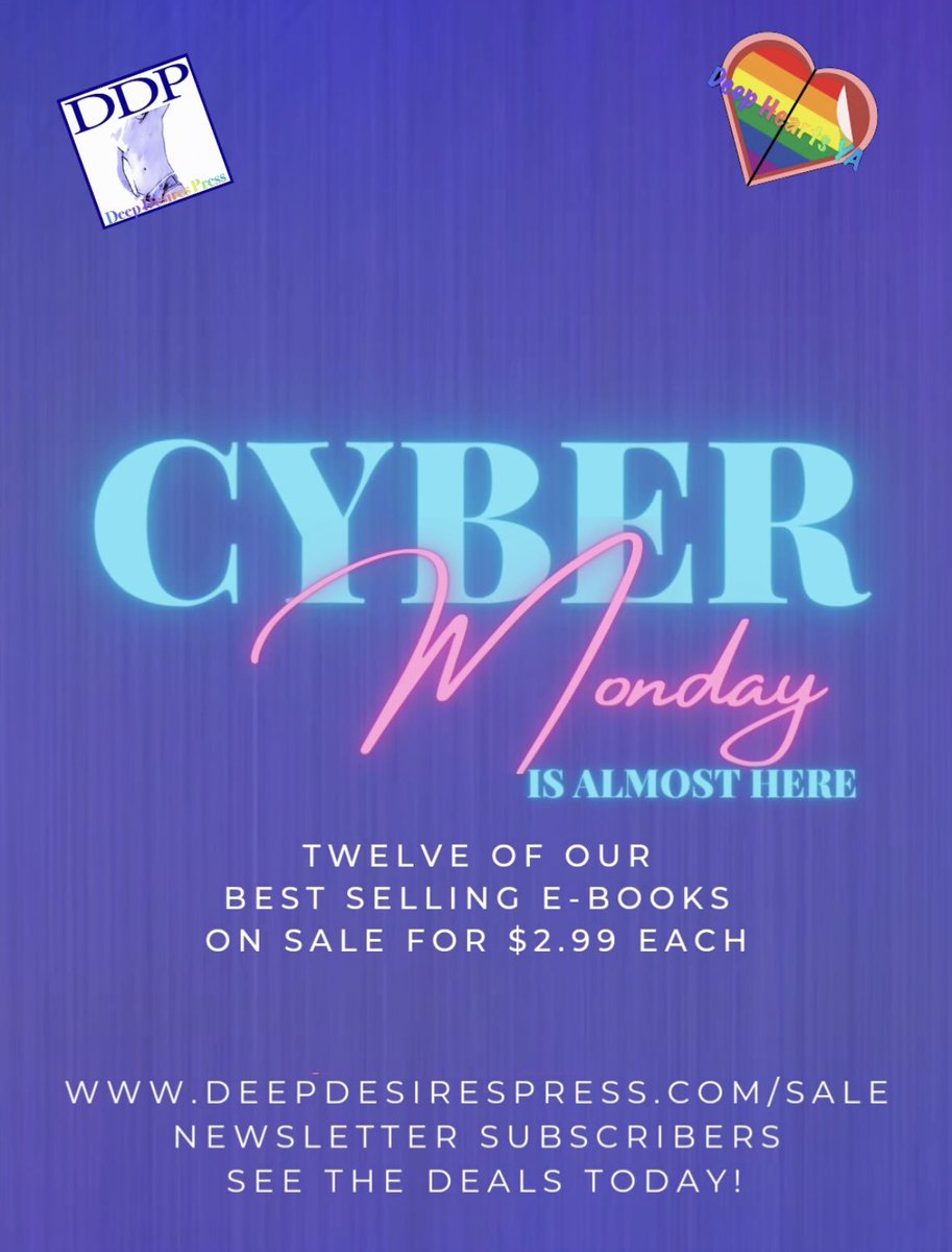 DeepHeartsYA's tweet photo. Our first ever #CyberMonday sale is coming up! We’ve got six great Deep Hearts YA ebooks and six great Deep Desires Press ebooks on sale for $2.99 each!

Subscribe to our DDP newsletter by 8PM central today to get a sneak peek of the sale:
https://t.co/P170NOLVK5

#bookboost https://t.co/oxjxljAlgD