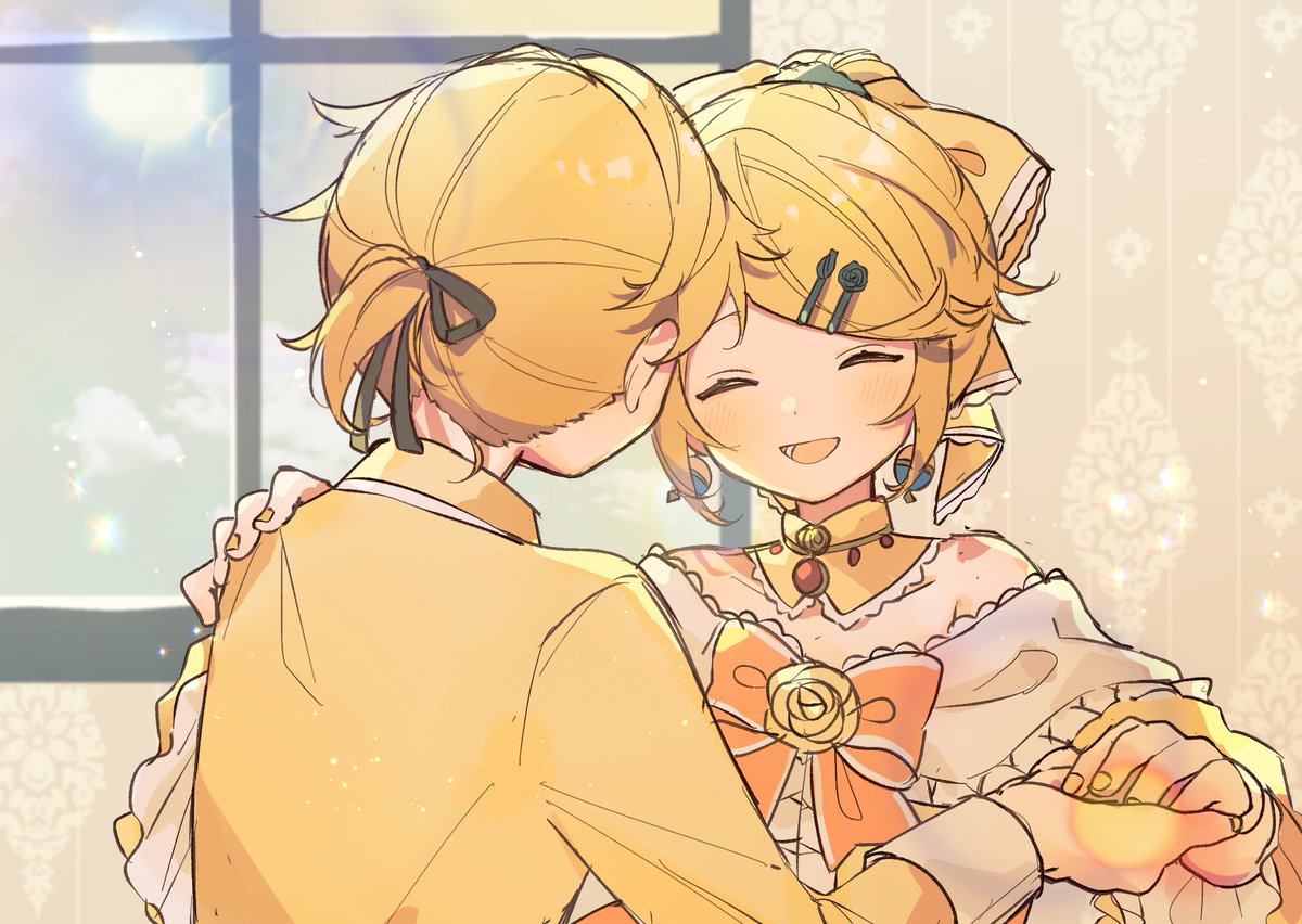 kagamine len ,kagamine rin 1girl 1boy blonde hair dress window smile bow  illustration images