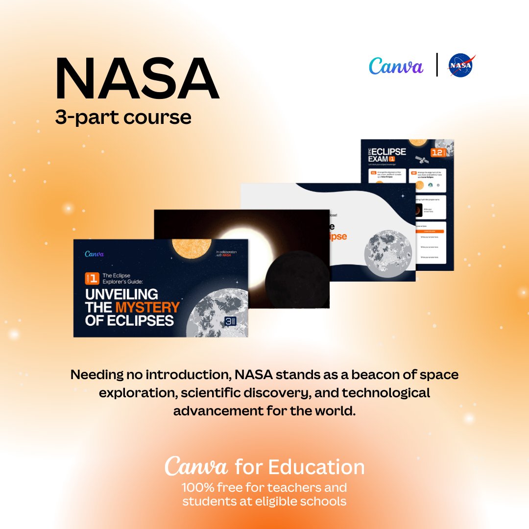 Canva has collaborated with none other than @NASA to craft an engaging and straight forward 3-part course on eclipses. This collaboration brings together the expertise of space science with interactive learning, offering a unique educational experience for all participants.🌘🔭…