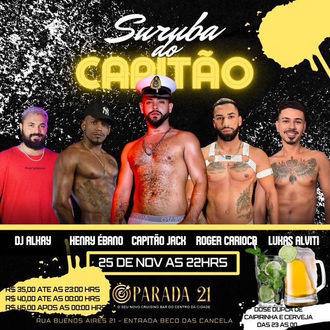 Bora marujos iniciar as comemorações do meu aniversário! ⚓️SURUBA DO CAPITÃO⚓️ + uma edição c/ muita putaria c/ os marujos safados interativos: @capitaorj_ @RogerCarioca0fc @HenryEbano @vascainodotado No comando do som para agitar a noite o @djalkay @parada21bar @TattooBoy35