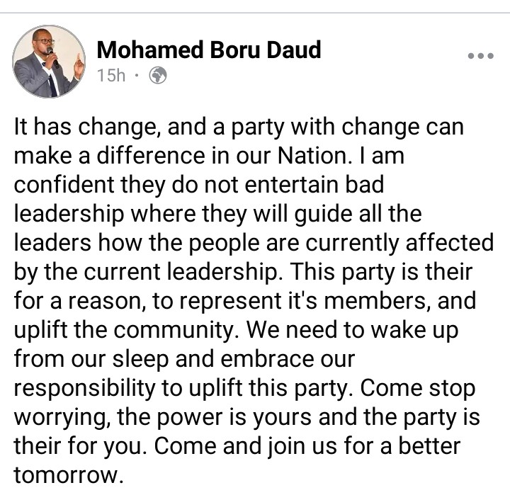 TfpParty's tweet photo. Asante sana kiongozi Muhamed Boru #Tuvuke Pamoja https://t.co/EyJHhIztxz