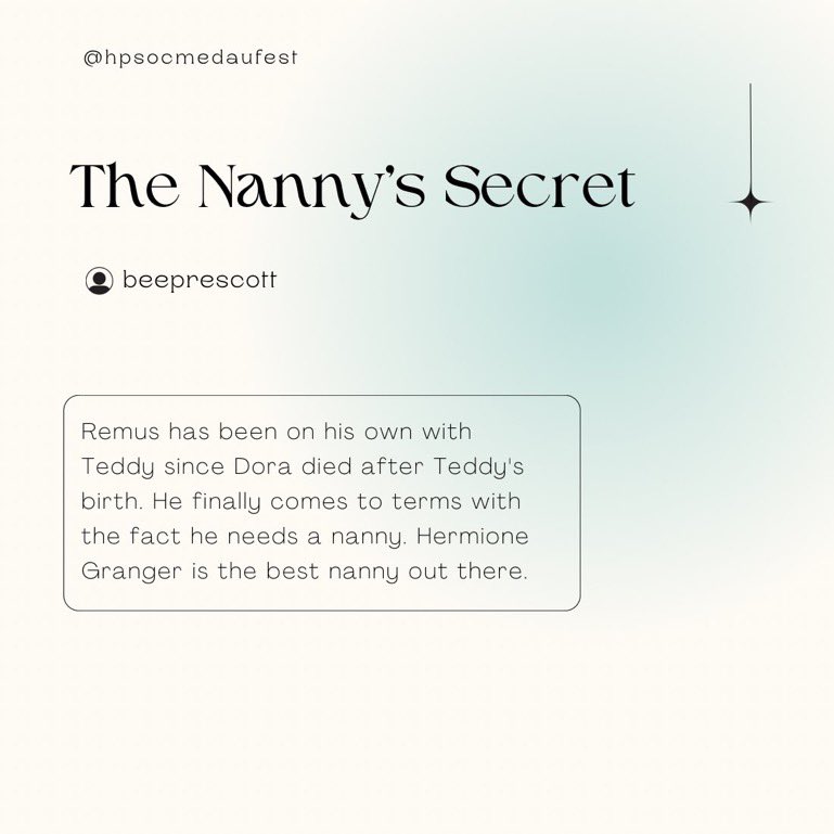 ⭐️ REVEALS FINAL DAY PT 1 ⭐️

The Nanny’s Secret 
by <a href="/beeprescott/">bee 🪻</a> 

archiveofourown.org/works/51479470…