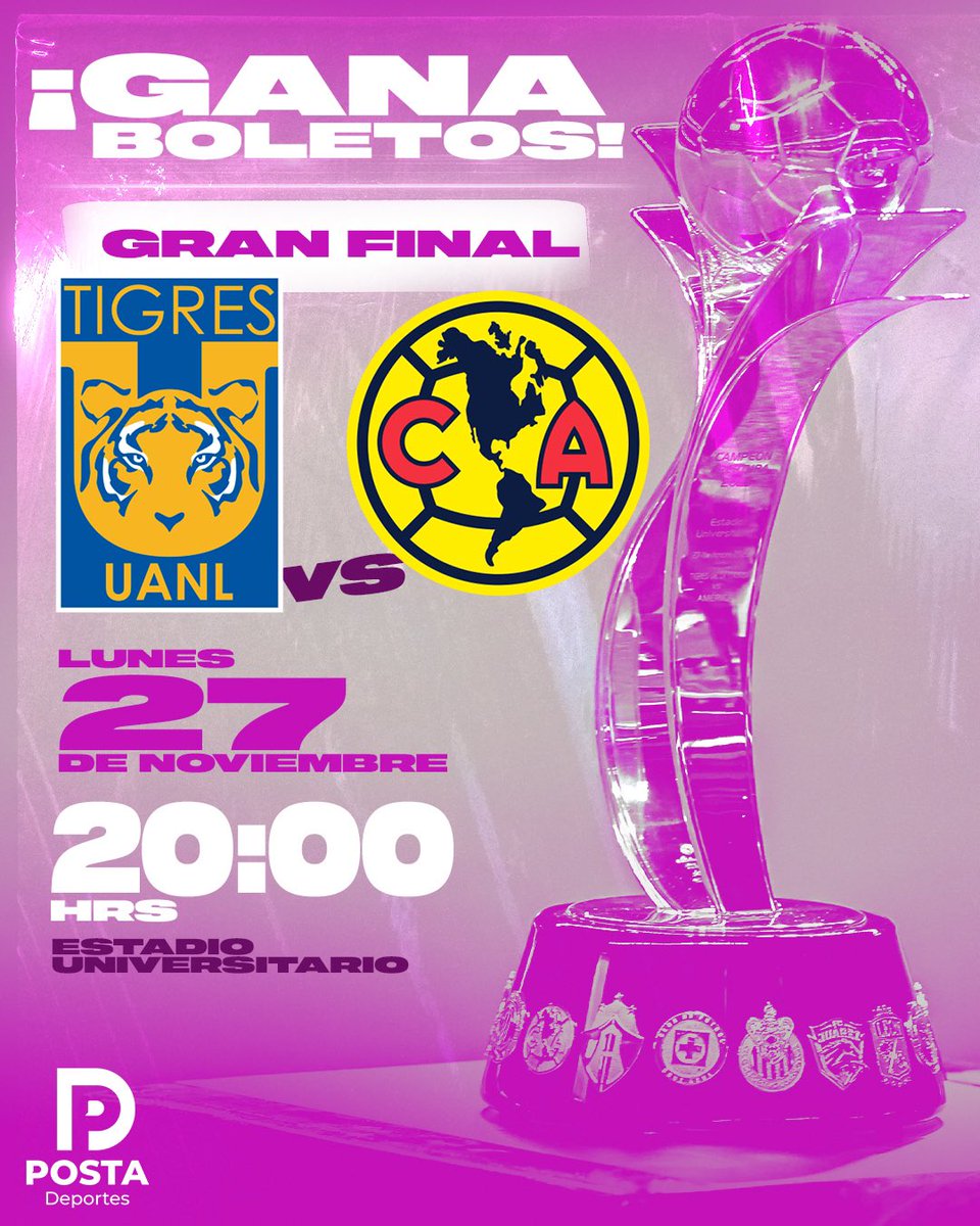 POSTADeportes's tweet photo. ¡GANA UN PASE DOBLE PARA LA FINAL FEMENIL! 🏆 

1- Sigue a @POSTADeportes 
2-Comenta con quién irías. 
3-Da RT. 🔁

*Ganadores se anuncia el lunes 27 de noviembre a las 11:00 am. https://t.co/xTphWMPrvh