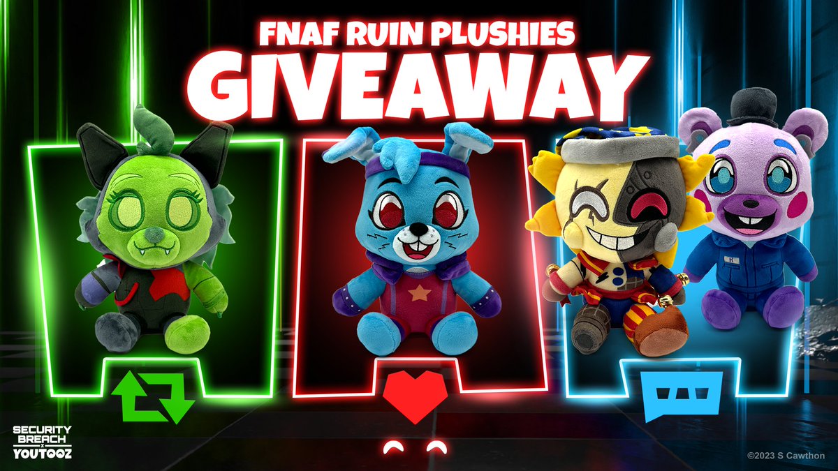 FUN FUN FUN! RUIN PLUSHIES GIVEAWAY TIME! 🔁 for ruined ar roxy 💟 for ruined glamrock bonnie 📝 comment FNAFTOOZ for ruined eclipse & helpi 3 winners for each announced tuesday 🍕