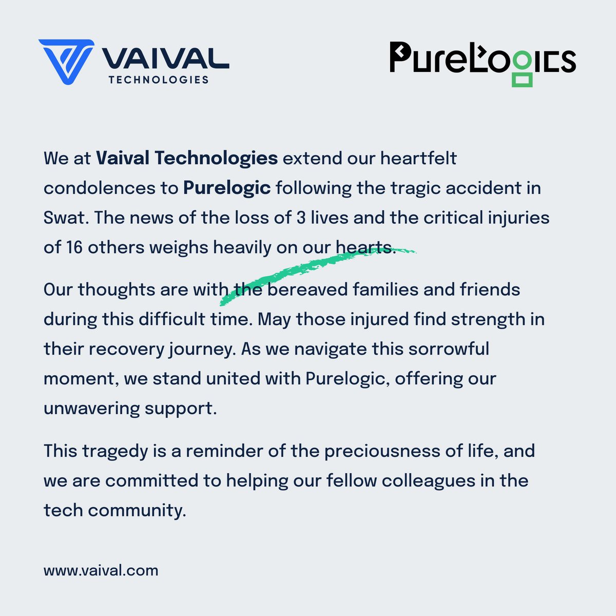 vaivaltechpk's tweet photo. Vaival Technologies extend our deepest condolences to @PureLogics during this tragic time.
Wishing strength and support to all affected by this unfortunate incident.
#Condolences #SupportingPurelogics #SwatTragedy #VaivalCares #CommunitySupport #TogetherInLoss https://t.co/bU0LwjTWq0