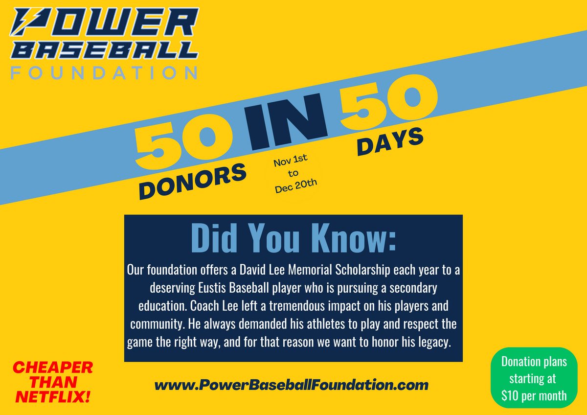 As you learn more about our mission, will you consider being a donor? We need 11 more $10 per month donors to reach our goal! Can we count on you to join? 

Link: fundraise.givesmart.com/e/_EYBcA?vid=u…

#CheaperThanNetflix #SupportYouthSports #SportsBuildCharacter #TaxDeductible #PayItForward