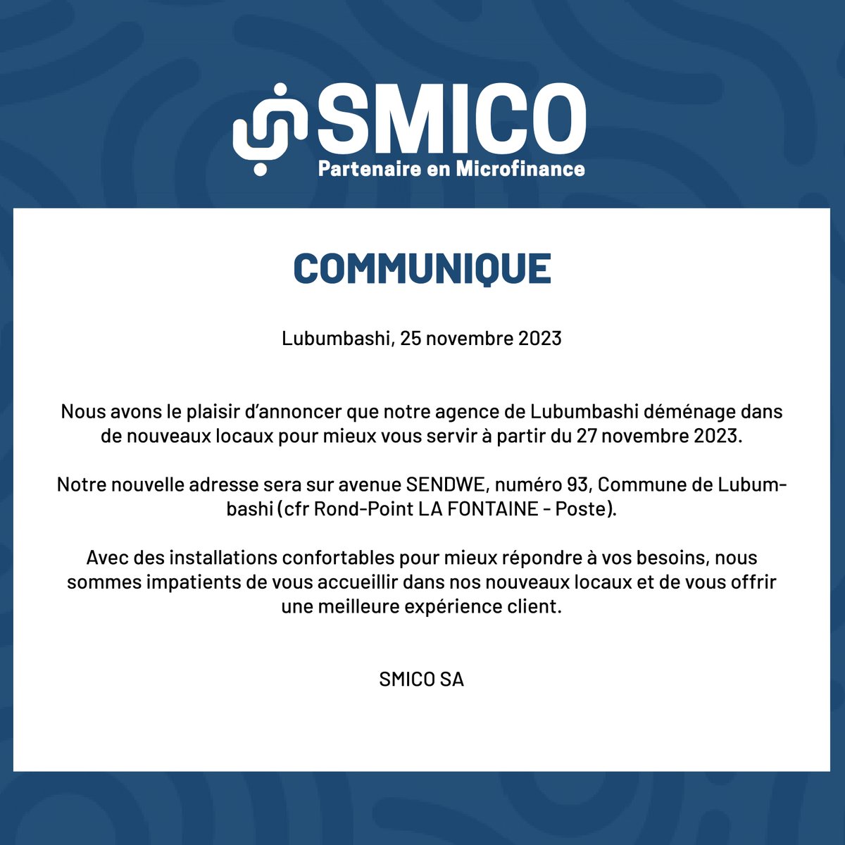 Chers clients,
Nous vous prions de prendre connaissance du communiqué ci-dessous !

#smico #lubumbashi #ReussirEnsemble