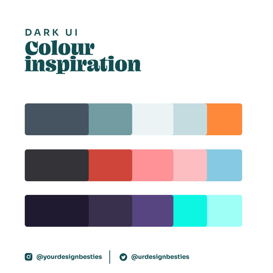 urdesignbesties's tweet photo. Hi Design Besties! Here's some color inspiration for your next dark UI project.
Which one is your favorite palette? π
#productdesign #userinterfacedesign #darkui #colorpaletteinspiration #colorpalette #yourdesignbesties https://t.co/CflViVZshg