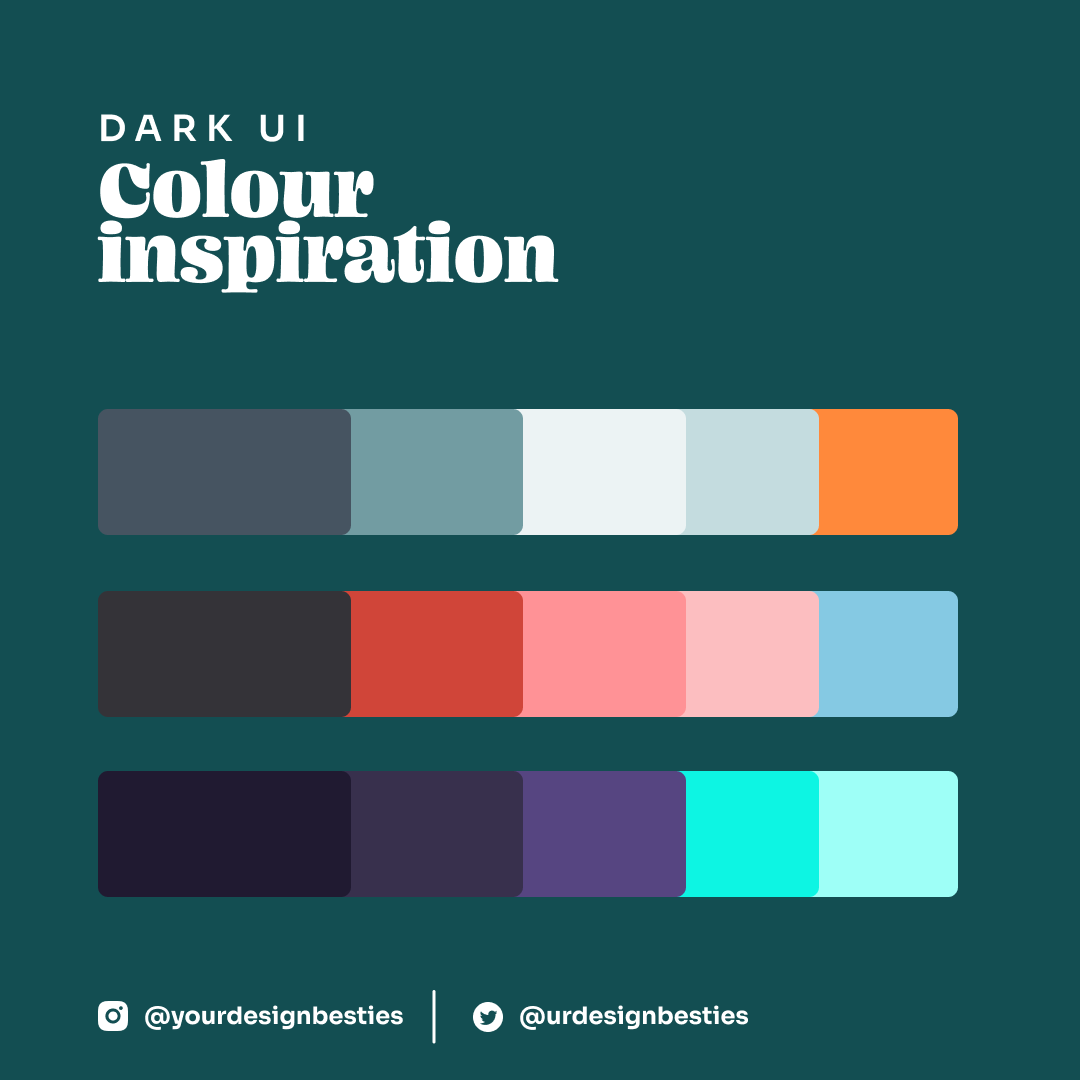 urdesignbesties's tweet photo. Hi Design Besties! Here's some color inspiration for your next dark UI project.
Which one is your favorite palette? π
#productdesign #userinterfacedesign #darkui #colorpaletteinspiration #colorpalette #yourdesignbesties https://t.co/CflViVZshg