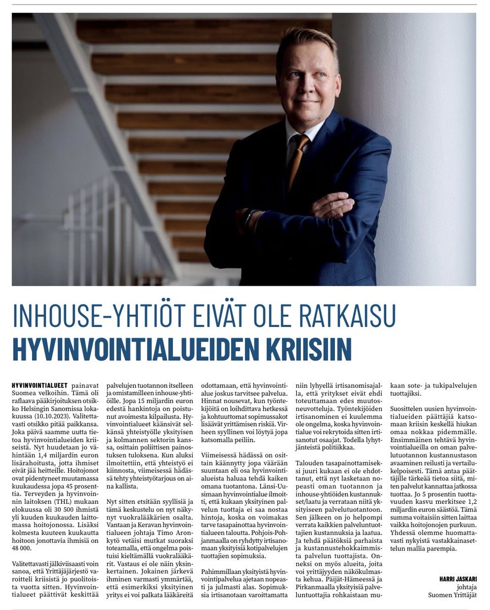 Muutamat hyvinvointialueet ovat jo yhteistyön tiellä. Monilla on edelleen vakava peiliin katsomisen paikka. Tänään Kainuun Sanomissa. ⁦<a href="/suomenyrittajat/">Suomen Yrittäjät</a>⁩