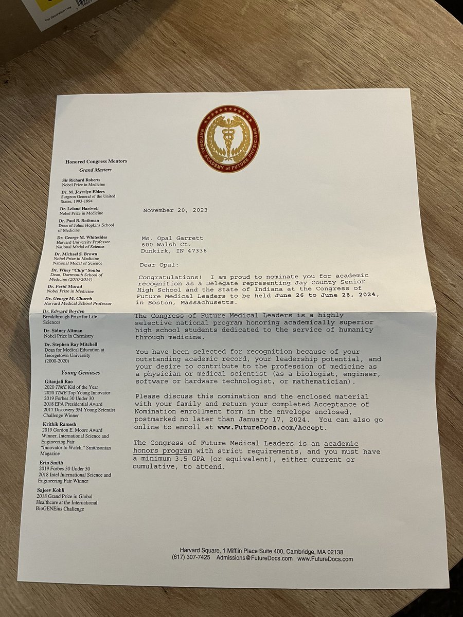 garrettopal16's tweet photo. today i had the honor of being selected by the congress of future medical leaders at harvard to be a delegate representing jay county highschool this is such an honor and i hope to be seeing everyone there this summer @JayCoPatriots @Harvard @PH16UColburn @BUPilotsSB @BallState https://t.co/z9N9069GNA