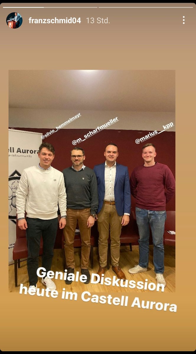 Völlig normal mittlerweile, dass der bayerische #AfD-Landtagsabgeordnete und #JA-Funktionär Franz Schmid (zusammen mit Akteur_innen der "identitären Bewegung")  im neofaschistischen Treff "Castell Aurora" in Steyregg auftritt.