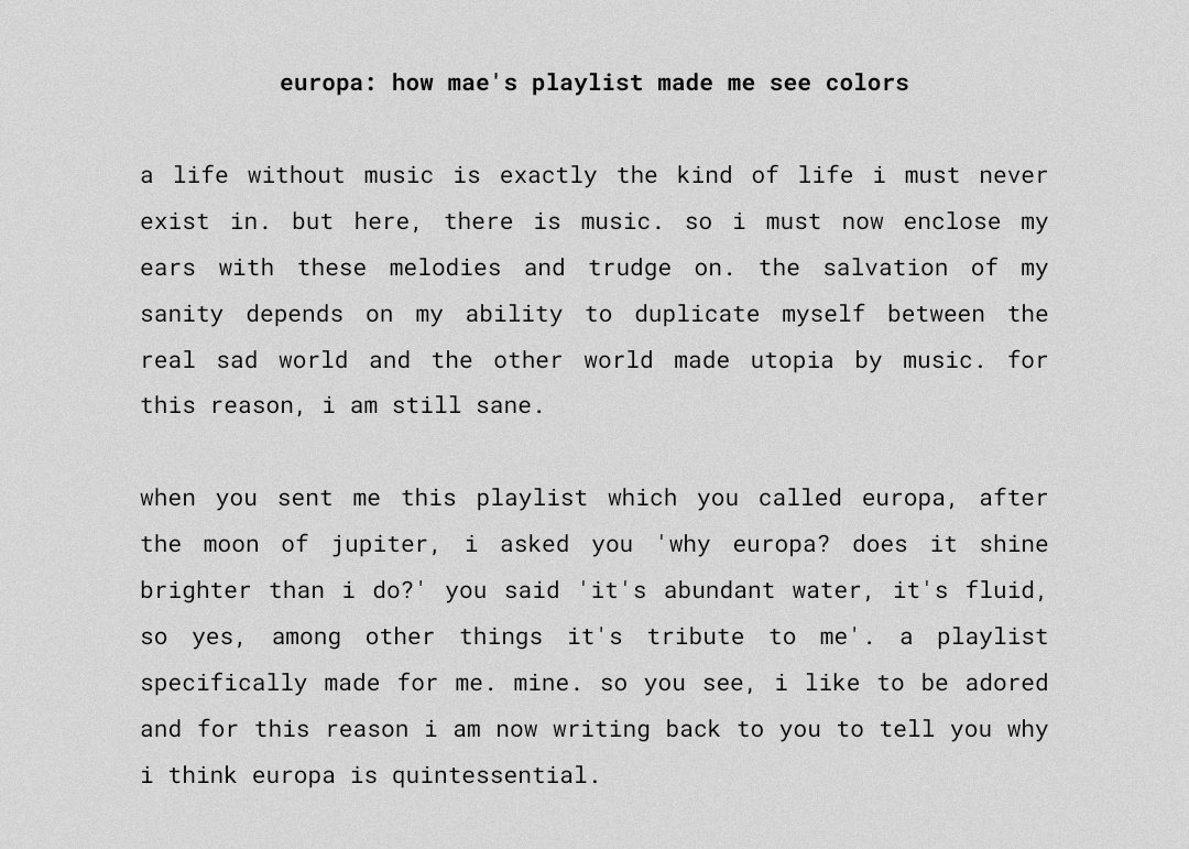 <a href="/Bamaeyii/">Awal</a> made me a playlist of beautiful music which they called europa. i don't take gestures like this for granted. so after listening, i wrote them a kind of an essay on the playlist. they enjoyed reading it &amp; i am glad.