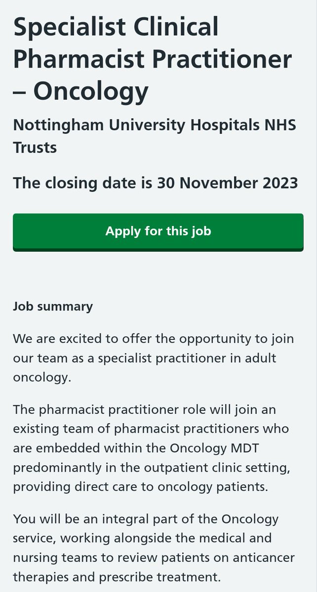 💊🚨Job alert🚨💊

Pharmacy Practitioner oncology, Nottingham 

Join the growing number of pharmacists working in oncology clinics, providing direct care to cancer patients

<a href="/BOPACommittee/">BOPA Committee</a>
<a href="/NUHPharmacy/">NUH Pharmacy</a>
#Pharmacyjobs
#NHS

jobs.nhs.uk/candidate/joba…