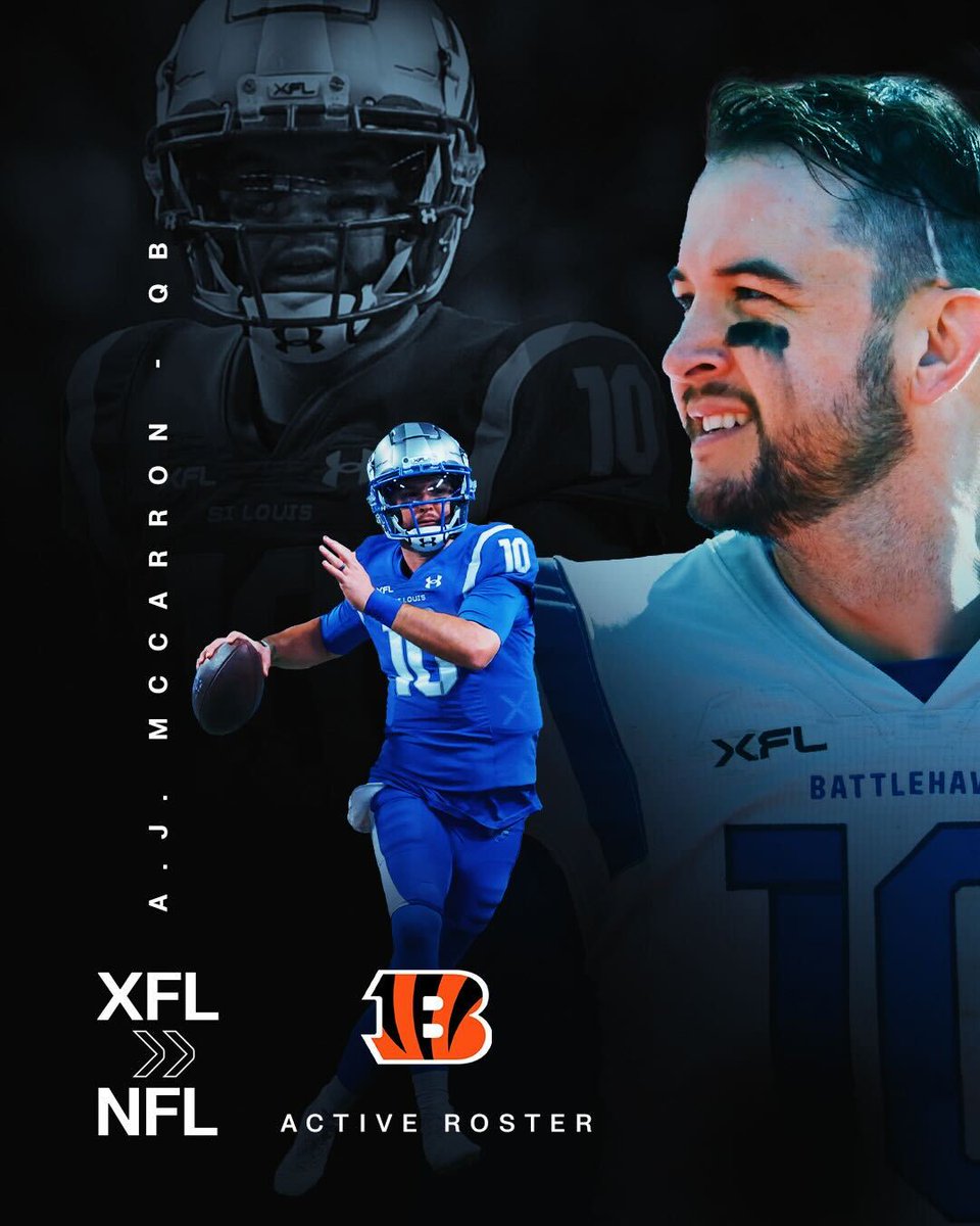 BattlehawksUFL's tweet photo. the legend continues 🫡 

A.J. McCarron has been elevated to the @Bengals 53-man roster 🔥 https://t.co/dI6yNxIwkA