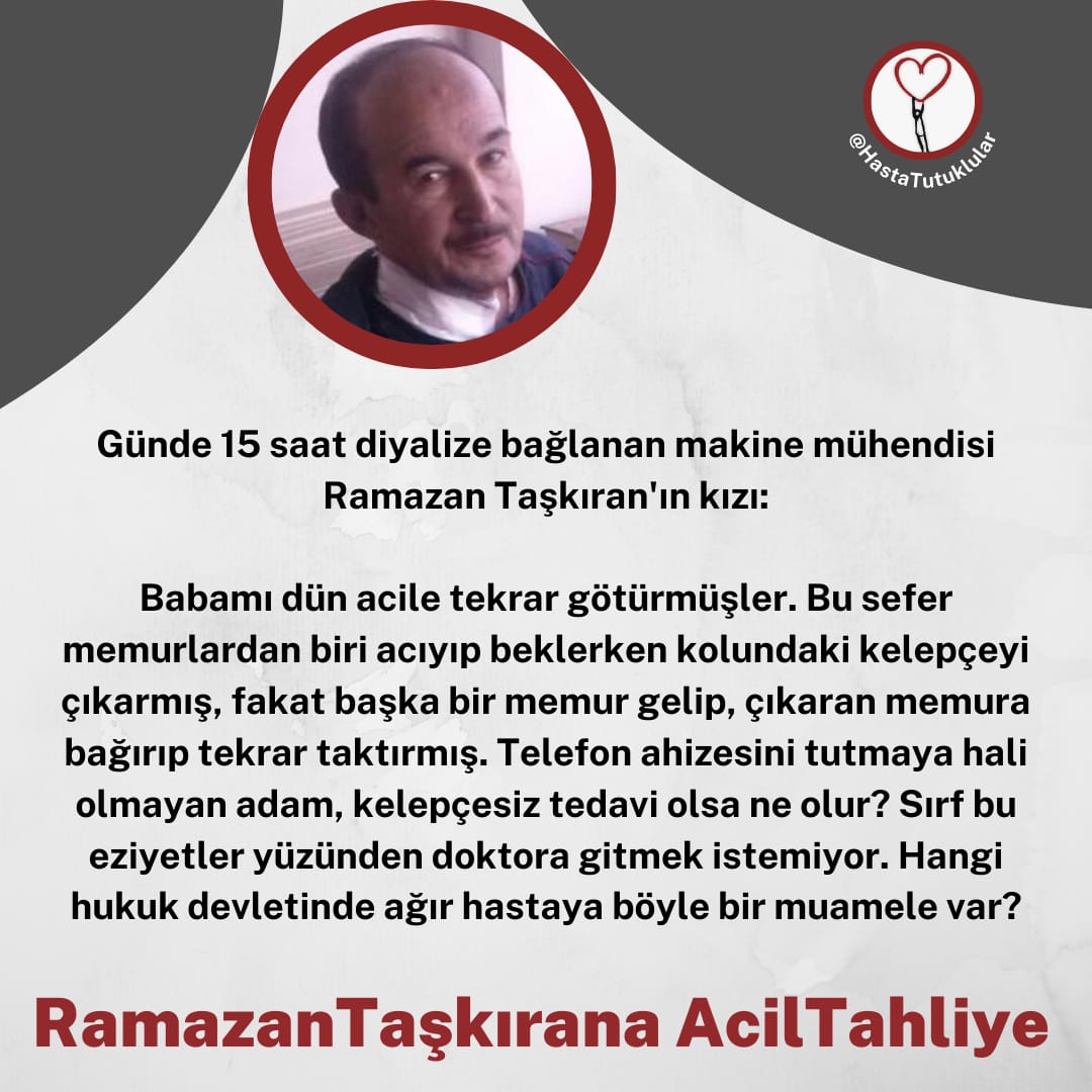 “Cezaevlerinde siyasi tutuklulara karşı ayrımcılık temelli hak ihlalleri var.Toplum maalesef korkuyla bastırıldı ve hak ihlallerine alıştırıldı"
<a href="/avomerturanli/">Av. Ömer Turanlı İnsan Hakları İnisiyatifi</a>
Hukuksuz uygulamalara son verilmeli
Hasta tutsaklar tabutta değil, ayakta tahliye edilmeli

RamazanTaşkırana AcilTahliye