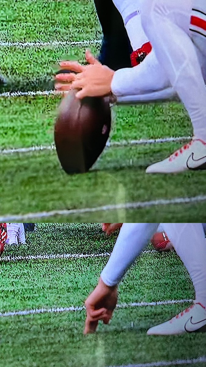 Ohio state holder placed the ball about inch 1/2  away from his spot… marginal but huge difference for a kicker that is lasered in on an exact spot! Nose of the ball was not placed where his fingers were set. #HoldMatters
