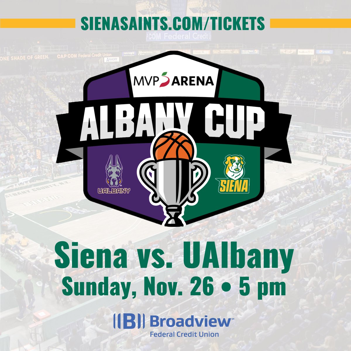 🏀🏆 Siena. UAlbany. The #AlbanyCup returns to @TheMVPArena TOMORROW. 🎟️ shorturl.at/moX23 #MarchOn x #SienaSaints