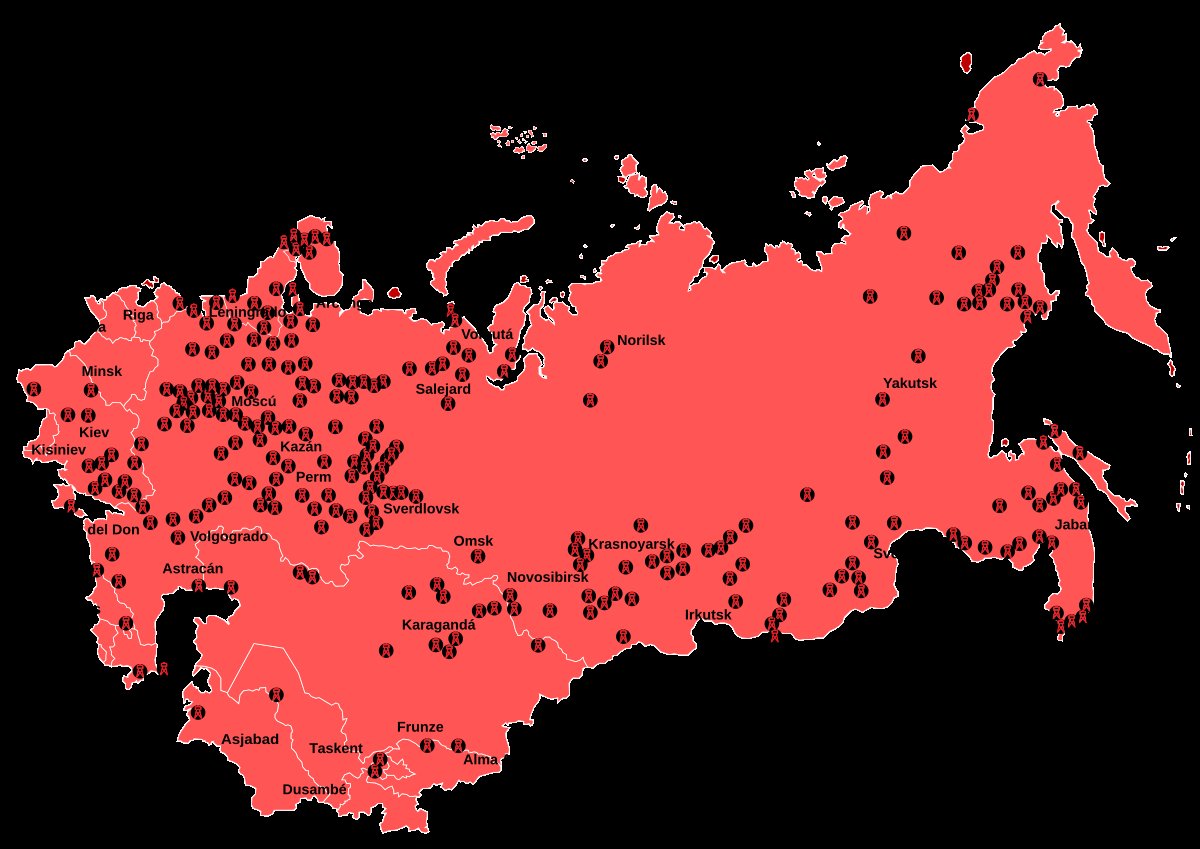 Hoy toca hablar sobre el sistema de Gulags.
Había al menos 476 sistemas de campos, cada uno de los cuales contenía cientos o miles de campos y subcampos repartidos por toda la URSS.
Anne Applebaum en su "Gulag: A History" estima que al menos 18 millones de personas fueron