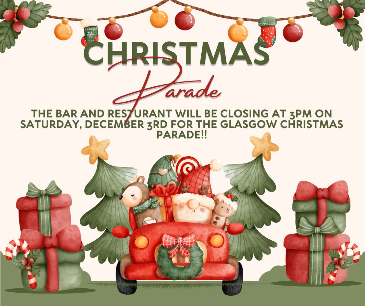 The Bar and Restaurant will be CLOSING at 3pm on Saturday December 3rd for the Glasgow Christmas Parade!