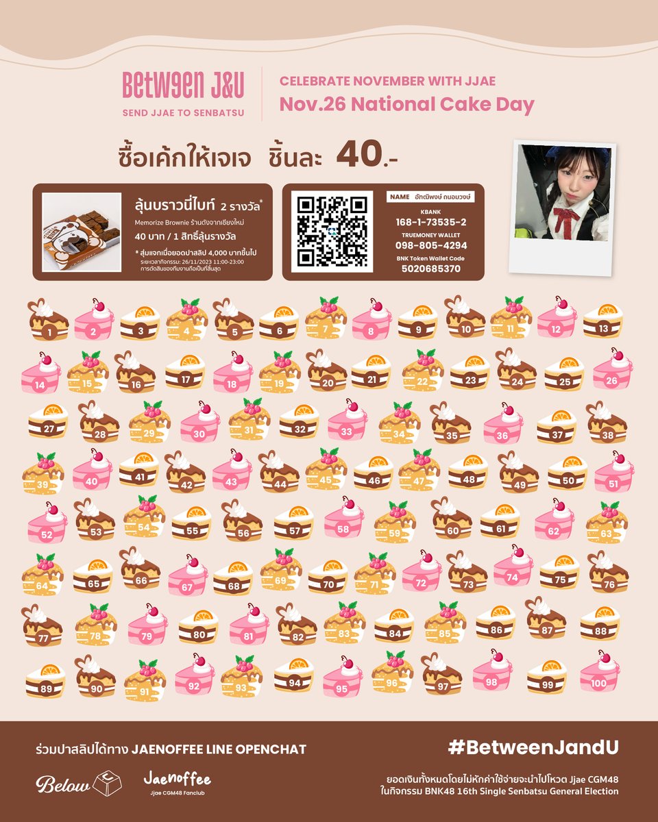 jaenoffee's tweet photo. [💖🤟🏻] #BetweenJandU

ทุกวันที่ 26 พ.ย. เป็นวัน National Cake Day
เลือกซื้อเค้กแสนอร่อยให้เจเจ ชิ้นละ 40.- 🍰

ลุ้นบราวนี่ไบท์ เจ้าดังจากเชียงใหม่ 2 รางวัล 🌟

ร่วมปาสลิปได้ทาง LINE OpenChat: https://t.co/ky5wcODkxC

#Jaenoffee #JjaeCGM48
#CGM48 #BelowU https://t.co/EG0ajft3Y5