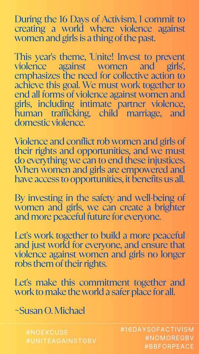 DelightfulWrld's tweet photo. Unite! Invest To Prevent Violence Against Women and Girls.
#NoExcuse
#UniteAgainstGBV
#16DaysOfActivism
#NoMoreGBV
#BBFORPEACE https://t.co/z6N5w6yml3