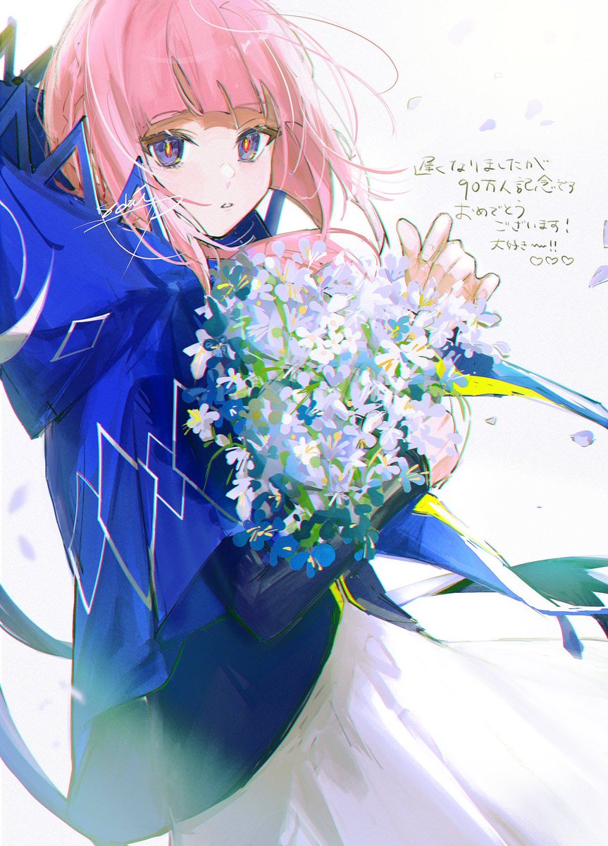 kaf (kamitsubaki studio) 1girl solo pink hair bouquet hood flower multicolored eyes  illustration images