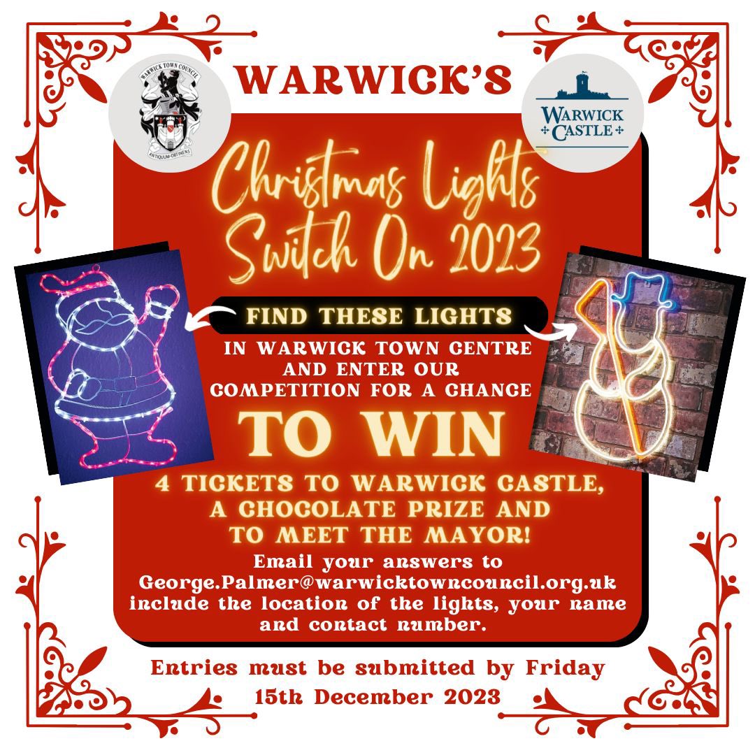 Warwick Town Council (@warwicktcouncil) on Twitter photo We have hidden a Santa & Snowman light within our Town Centre - can you find them?
Once you have found them email George.Palmer@warwicktowncouncil.org.uk with the 2 locations for a chance to win 4 tickets to Warwick Castle, a chocolate prize & a photo with Mayor of Warwick 🎄 We have hidden a Santa & Snowman light within our Town Centre - can you find them?
Once you have found them email George.Palmer@warwicktowncouncil.org.uk with the 2 locations for a chance to win 4 tickets to Warwick Castle, a chocolate prize & a photo with Mayor of Warwick 🎄